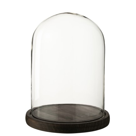 Cloche décorative socle marron en verre transparent 23x23x29 cm